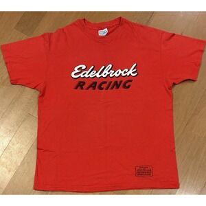 Edelbrock Racing-Inspired Shock Logo T Shirt Men Sz Large Red USA Single Stitch